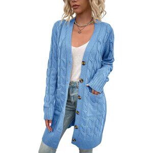 Disi Womens blue Cardigan Long Sleeves Cable Knit Open Front Loose Sweaters